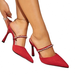 Chaussures de mariée pour femmes, ornées de cristaux, à bout pointu, talons hauts, imperméables, rouges, élégantes, sexy et simples pour l'été - Product Image 6