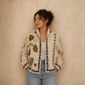 Holiday Trending Hand Embroidered <b>White</b> Velvet Suzani Embroidered <b>Jacket</b> Boho Statement Coat Festival Wear Oversized Outwear - Product Image 1
