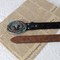 Cinturón de Cuero Repujado Estilo Vaquero Occidental para Hombre, Hebilla de Aleación con Cabeza de Toro, Cinturón de Jeans con Cuentas Turquesa, de Gran Venta