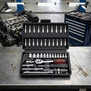 46-Piece Mechanical Tool Kit with 1/4-Inch Drive Ratchet Wrench Bit Set with Metric <b>Socket</b> and <b>Extension</b> Rod for Repair - Product Image 5