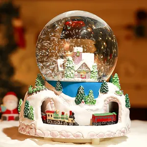 Tren giratorio personalizado, globo de agua de resina, tren giratorio de nieve, soplado de vidrio, Base periférica, música de Navidad