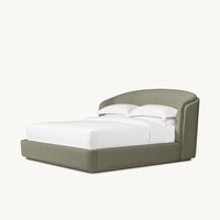 Lit à dossoir élégant et moderne en bouclette couleur avoine avec tête de lit cintrée et base en bois foncé pour chambre à coucher, idéal pour l'aménagement intérieur, personnalisable OEM