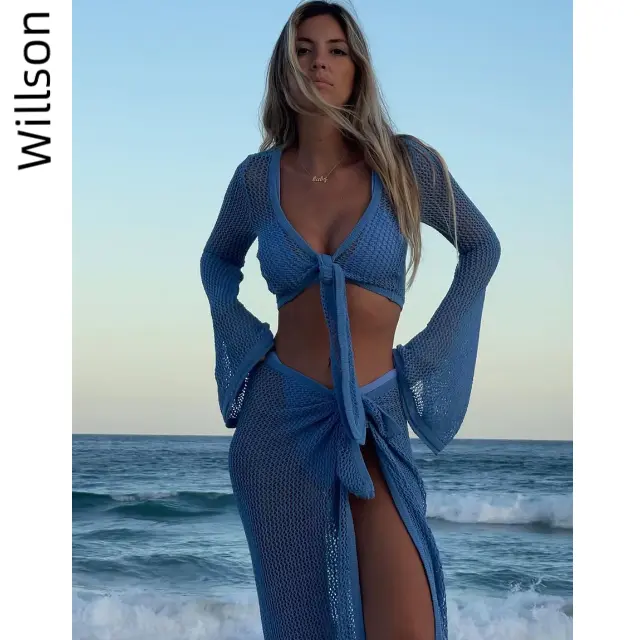 Sommer häkeln Frauen zweiteilige Set Bandage Sexy Beach Hollow Out Crop Top hohe Taille gestrickt langen Rock Urlaub Boho Kleid