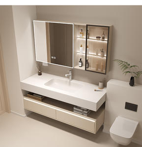 Meuble de salle de bain moderne blanc crème imperméable avec lavabo en céramique monobloc - Product Image 2