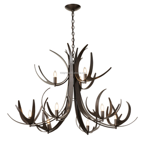 Adjustable Link Chain Rustic Farmhouse Pendant Light Artistic Curved Metal Caribou <strong>Stag</strong> Horn Candle Chandelier - Product Image 1