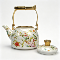 Bouilloire en émail BLS-FH1.5L motif floral et oiseaux, avec poignée en bambou doré, théière vintage en émail pour cuisinière à gaz et à induction