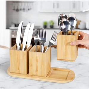 Caja de almacenamiento de cubiertos de bambú, organizador de cocina Rectangular con 3 compartimentos, soporte de escritorio ecológico para tenedores, cucharas y cuchillos - Product Image 4