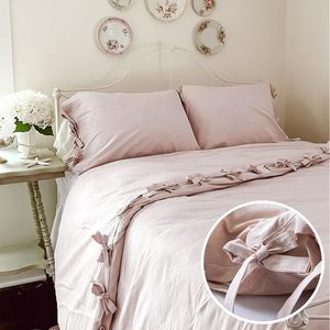 Parure de lit 3 pièces en coton lavé 100% avec nœuds papillon, texture moderne, durable, respirante, douce et chic (Queen) - Product Image 1