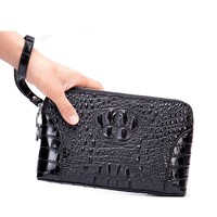 Tas genggam pria mewah, tas genggam pria mewah, hitam timbul, kulit asli, ritsleting, dompet panjang ramping, tas pegangan Anti Maling