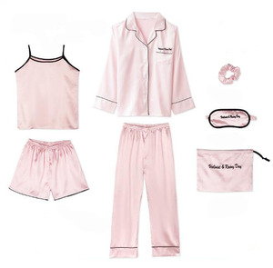 Ensemble de pyjamas 7 pièces en <span class=keywords><strong>satin</strong></span> de soie pour femmes Pyjamas de couleur unie Vêtements de nuit pour femmes - Product Image 5