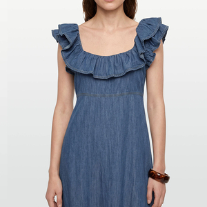 Robe en jean hawaïenne sur mesure, élégante, à col carré, avec volants en denim bouffant, de haute qualité, douce, 100% coton. - Product Image 4