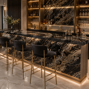 Apariencia Artística Impresionante, Granito Negro Titanio con Vetas Doradas Fluidas, Losa de Piedra Negra Premium, Superficie Elegante para Encimeras - Product Image 3