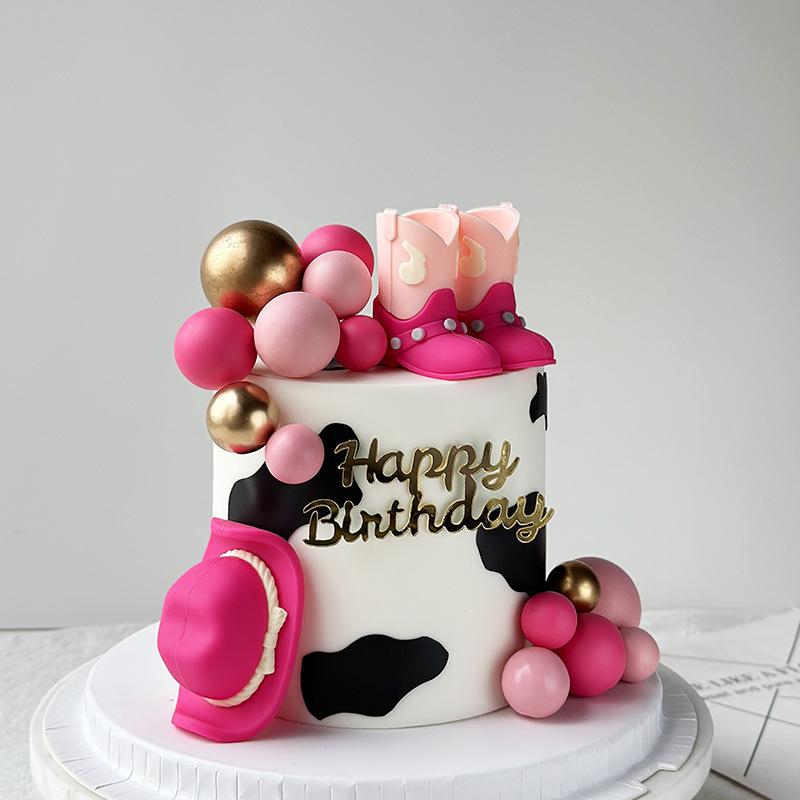 Cowgirl Birthday Cake Decorations – Pink & Brown Theme Cake Toppers, Boots, Hats & Balls - View #5