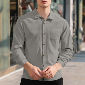 Camisa de manga larga de color sólido para hombre, informal, transpirable, de lino, con botones, color verde oliva, ideal para uso informal. - Product Image 6