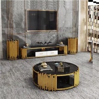 Ensemble de Tables Basses et Meuble TV en Bois, Design Moderne et Luxueux avec Piètement Doré et Verre, Meubles Personnalisés pour Salon, Idéal pour Entrepôts et Ateliers