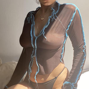 솔리드 긴 소매 섹시한 메쉬 셔츠 여성 여름 패션 턴 다운 칼라 관점 플레어 슬리브 자르기 탑 스트리트웨어 - Product Image 4