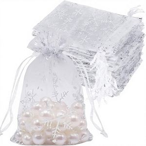 100pcs Snowflake Polyester Organza Gift Bags 4x6 Inch White <b>Mesh</b> Jewelry Pouches with Drawstring for Christmas - Product Image 3