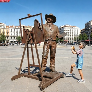 YOUFINE Estatua de Bronce de Tamaño Real de un <span class=keywords><strong>Pintor</strong></span> con Caballete y un Niño Tomando una Foto para Plaza Pública - Product Image 1
