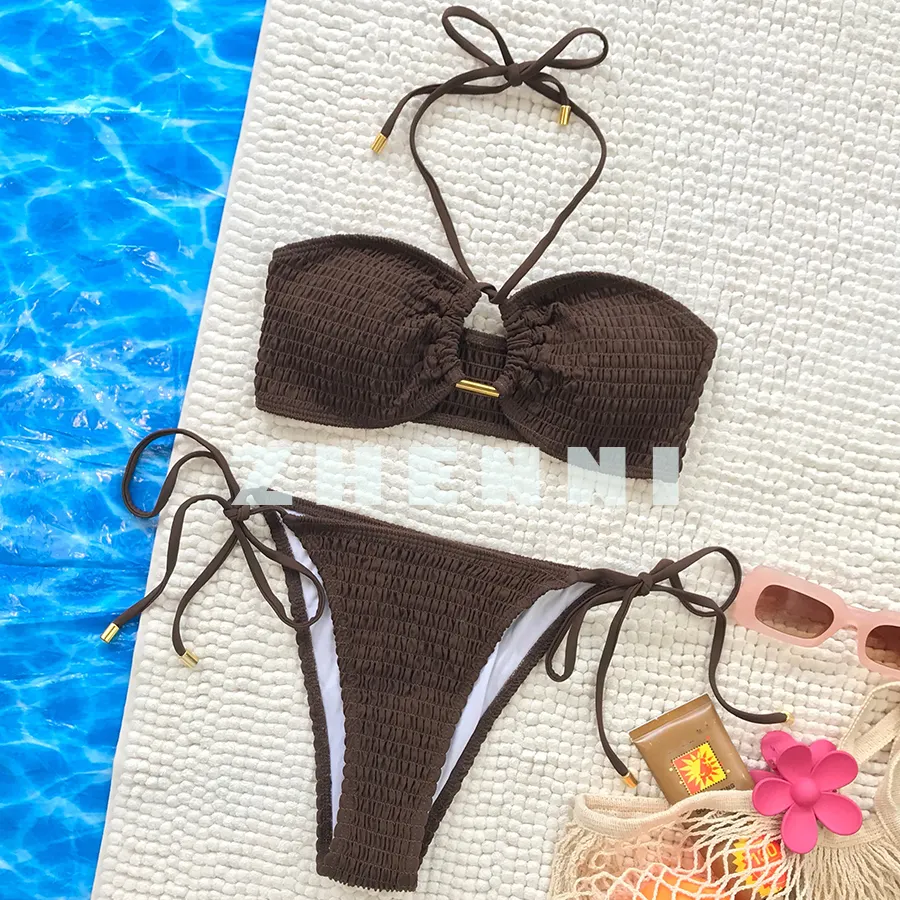 OEM thiết kế đôi lót vải tái chế đồ bơi dây đeo thong Bikini Set phụ nữ in áo tắm