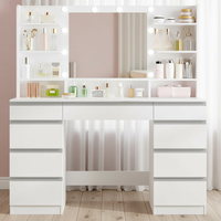Coiffeuse moderne en MDF avec éclairage LED, 1 grand et 8 petits tiroirs, luminosité réglable, grand miroir HD et 9 compartiments de rangement ouverts