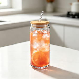 Vaso de Vidrio Ecológico Tipo Mason Jar con Boca Ancha, Tapa de Bambú de 70 mm con Orificio para Pajita, Estilo Moderno - Product Image 5