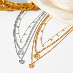 Bohemian Style Three-layer Necklace <b>love</b> Pendant Stainless Steel Hollowed Out Map Round Pendant Gold Clavicle Necklace for Women - Product Image 2