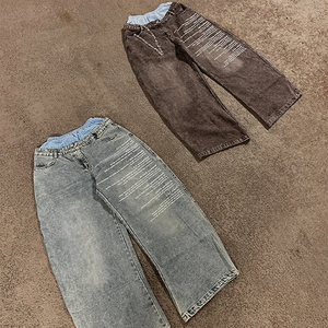 مخصص خمر غسل السراويل الجينز الشاشة المطبوعة شعار واسع الساق فضفاض مزدوج الخصر الشارع الجينز للرجال - Product Image 1