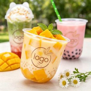 Vasos Desechables de PET en Forma de U de 12oz y 89mm, Vasos de Plástico con Tapa y Logotipo Personalizado para Matcha Latte, Smoothie y Café Helado - Product Image 1