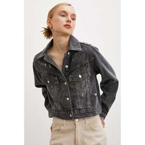 แจ็คเก็ตยีนส์สีแอนทราไซต์ปักลายด้านหลังสไตล์วินเทจสำหรับผู้หญิง ทำจากผ้าฝ้าย - Product Image 6