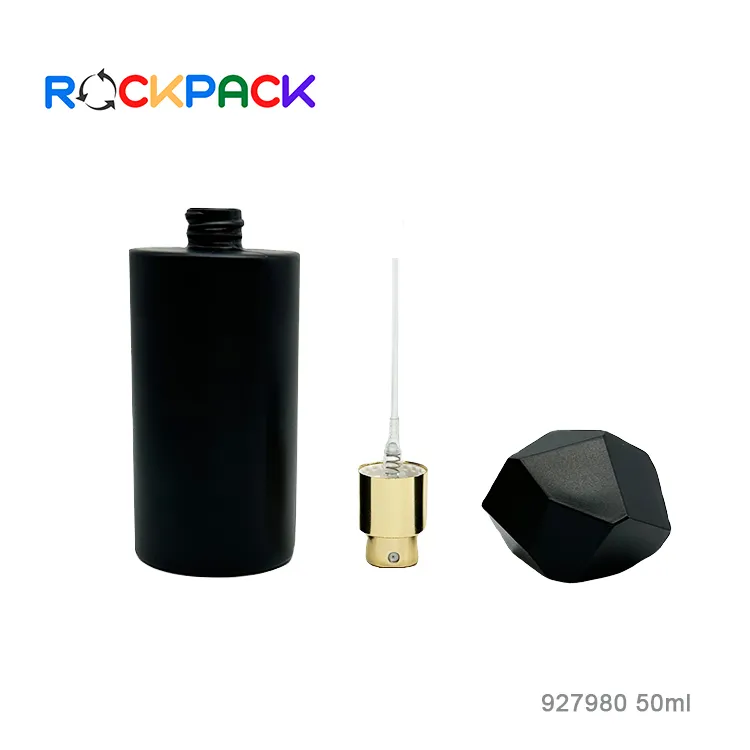 ユニークな蓋が付いた50mlの丸い形の黒いガラスの空の香水瓶