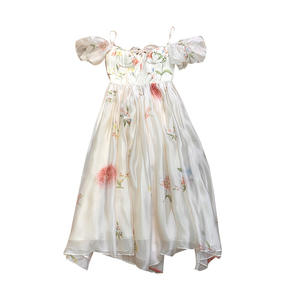 <span class=keywords><strong>Xiaoxiao</strong></span> Blush rose imprimé fleuri robe manches bouffantes col en V bretelles spaghetti style français-une longue robe de soirée à la mode pour le voyage - Product Image 5