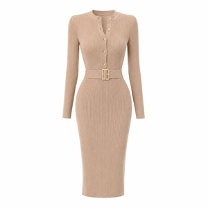 Cárdigan elegante de punto acanalado gris para mujer, de hilo acrílico teñido, cuello redondo corto, manga larga, con botones al frente y cinturón, estilo bodycon, para otoño. - Product Image 3