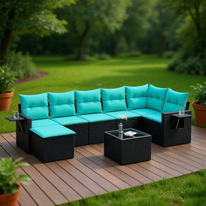 8 Piece Black Poly <b>Rattan</b> Garden <b>Sofa</b> Set With Cushions Outdoor Furniture Contemporary Style Seating For 8 - Product Image 2
