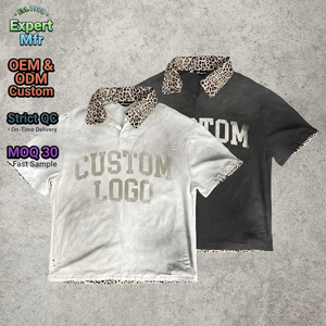 Custom Printed T-shirt Vintage Acid Wash Distressed Polo Shirt Men Oversized Boxy Fit Leopard Collar Streetwear Heavyweight Tee - Product Image 1