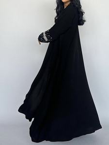 Abaya noire ornée de strass, col en V, modeste, ouverte sur le devant, manches longues, ODM, tenue de soirée islamique de luxe - Product Image 3