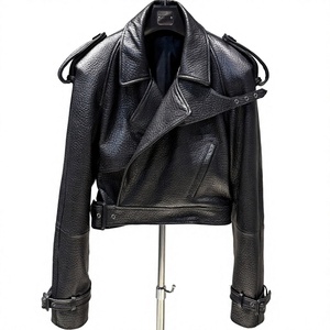 Blouson de motard en cuir d'agneau véritable noir pour femme, col rabattu, fermeture éclair, épaulettes, vente en gros, fournisseur de LOGO personnalisé - Product Image 1