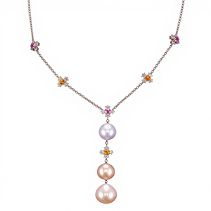 สร้อยคอทองคำขาว 18K ประดับอัญมณีหลากหลายชนิด มุกเซาท์ซีผสม เกรด AA ไพลินสีเหลืองชมพู-เครื่องประดับผู้หญิงสุดหรู - Product Image 3