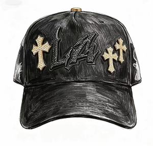 Casquette de baseball streetwear <span class=keywords><strong>Latino</strong></span> personnalisée brodée, style vintage délavé et vieilli, avec patchs gothiques LA, étoile, couronne, croix et visière pare-soleil - Product Image 4