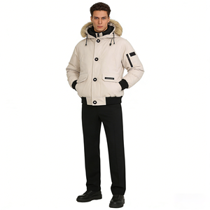 Parka à capuche épaisse en polaire beige et noire avec col en fourrure, style européen et américain, manteau court chaud pour homme - Product Image 5