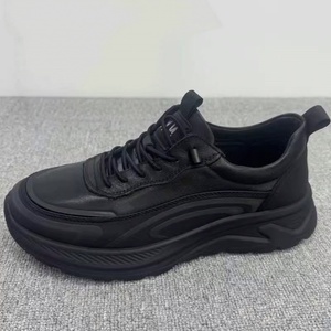 Chaussures de sport décontractées pour hommes en cuir véritable pleine fleur noir, respirantes, souples, à semelle épaisse, polyvalentes et légères - Product Image 4