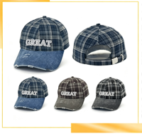 Gorra de Béisbol Casual con Logotipo Personalizado, Diseño a Cuadros, 6 Paneles, Borde de Mezclilla Desgastada, Bordado, Ajustable, Unisex, Estilo Vintage, Venta al Por Mayor