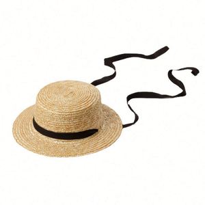 Children Summer <b>Hat</b> New Wheat Straw Flat Top Straw <b>Hat</b> Strap Binding Outdoor Beach Tourism Sun protection Wide Brim Kid <b>Hat</b> - Product Image 6