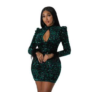 New Fashion Women paillettes Sexy Hollow Out Club abiti piuma manica lunga Backless Night Club Pencil Slim Party Dress - Product Image 2