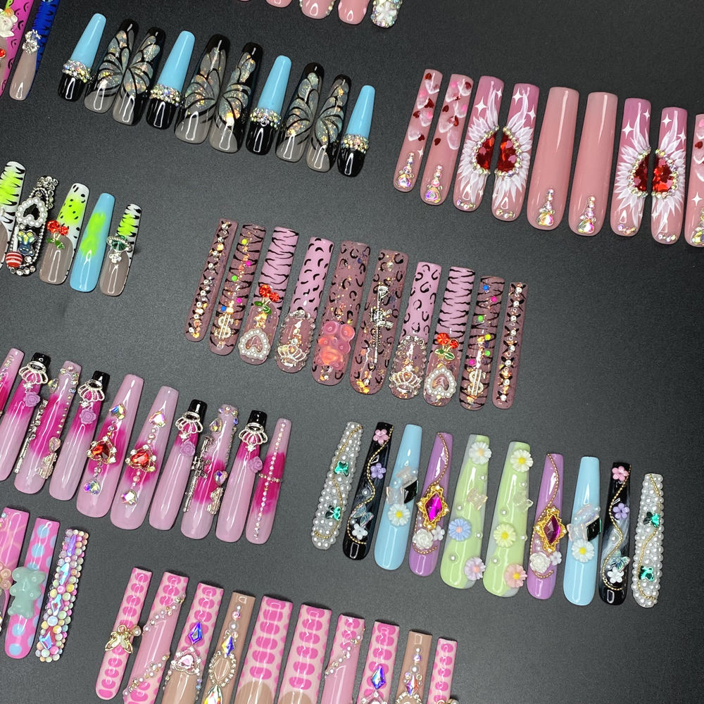 New Arrive Unique Design Hand Paint Gorgeous False Nails Art Wholesale Luxurious 10PCS Reusable Acrylic Handmade Press Ons Nails