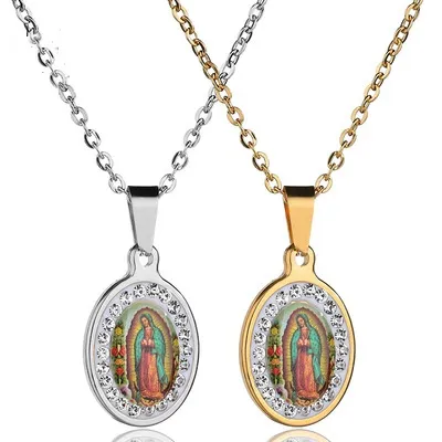 Ellipse Catholic Christian Cross and Virgin Mary Pendant Necklace Stainless Steel Jewelry Virgen de Guadalupe Necklace f