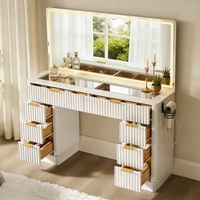 Ensemble coiffeuse moderne avec plateau en verre trempé, miroir LED, tiroirs à fermeture douce et grand espace de rangement