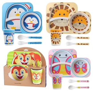 Prato de piquenique infantil, fábrica, 5 peças, design de animais, conjunto de louças, fibra de bambu, conjunto de placa de jantar para crianças