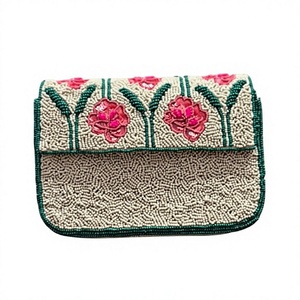 Women Vintage Beaded Clutch Bag Pink Flower Pattern <b>Square</b> Flap Purse - Product Image 1