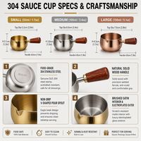 Bol à sauce brossé en acier inoxydable avec poignée en bois massif, design monobloc empilable, coloris Or Rose et Argent, idéal pour les fêtes