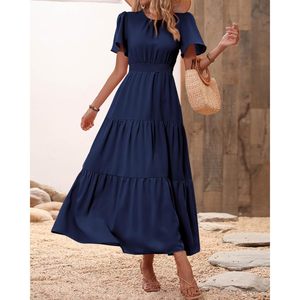 Robe longue décontractée d'été pour femme à manches volantées, col rond, taille élastique, à volants, coupe trapèze, pour le quotidien - Product Image 3